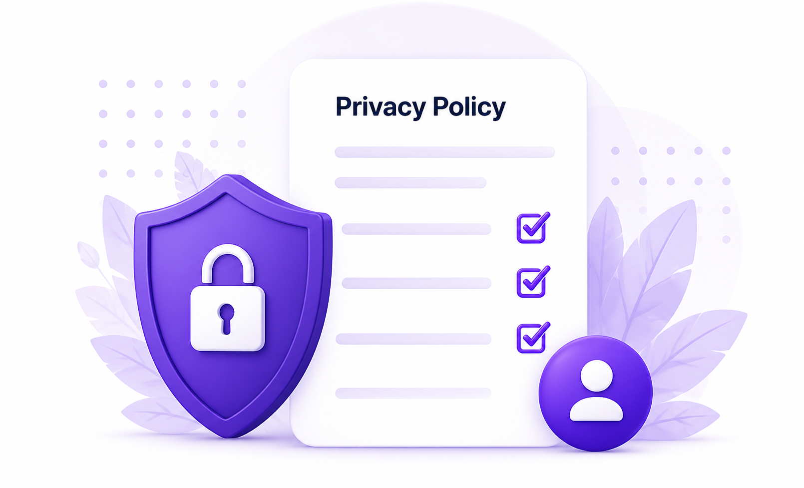 Privacy policy document protected by a purple shield and lock