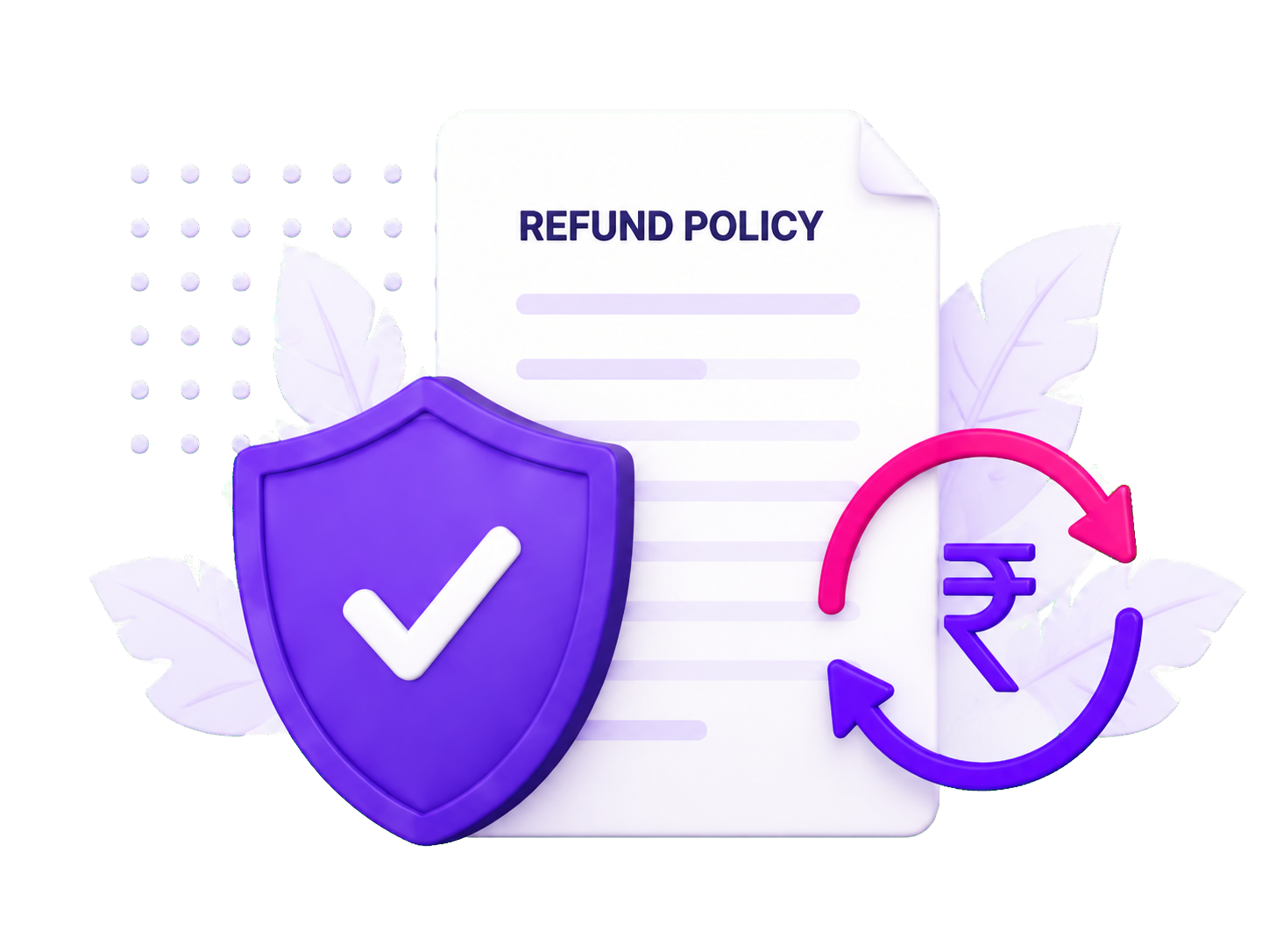 Refund policy document protected by a shield, with rupee refund arrows