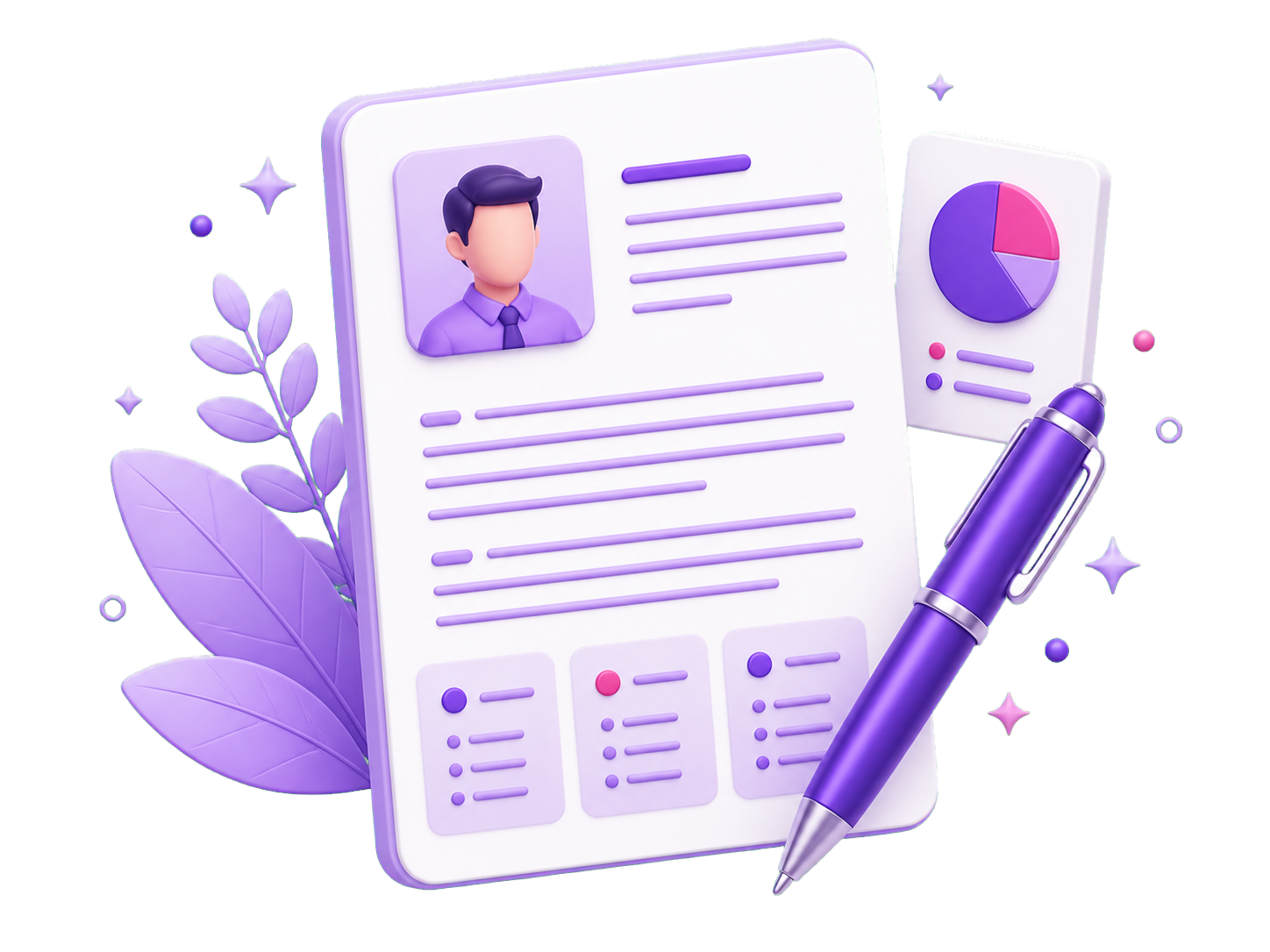 3D resume document with a purple pen and analytics card